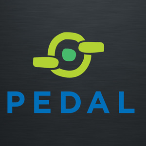 The logo for PEDAL early intervention. A stylised wheel and pedal image in lime green with a grass green dot in the centre. The word PEDAL underneath in blue. On a dark grey background